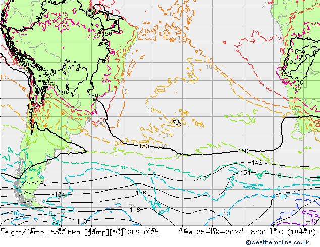 Z500/Rain (+SLP)/Z850 GFS 0.25 Qua 25.09.2024 18 UTC