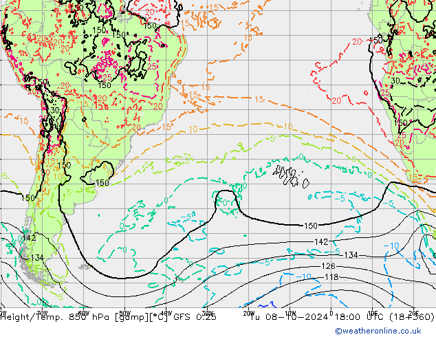 Z500/Rain (+SLP)/Z850 GFS 0.25 wto. 08.10.2024 18 UTC