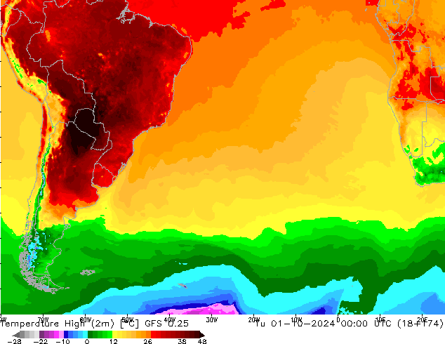 Temperature High (2m) GFS 0.25 Tu 01.10.2024 00 UTC