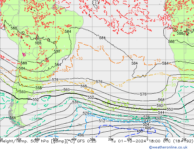 Z500/Rain (+SLP)/Z850 GFS 0.25 Ter 01.10.2024 18 UTC