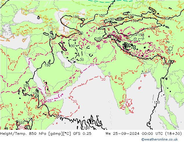 Z500/Rain (+SLP)/Z850 GFS 0.25 Qua 25.09.2024 00 UTC