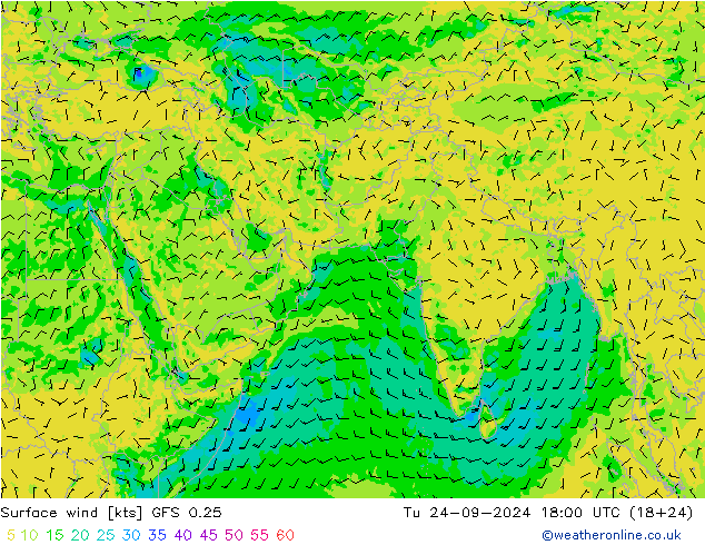 wiatr 10 m GFS 0.25 wto. 24.09.2024 18 UTC