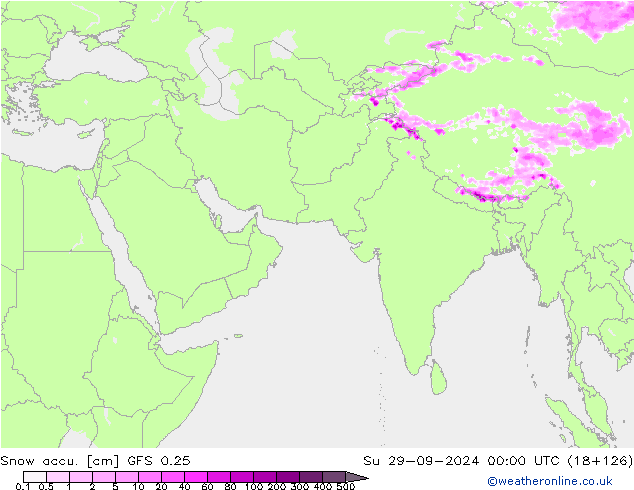 Глубина снега GFS 0.25 Вс 29.09.2024 00 UTC