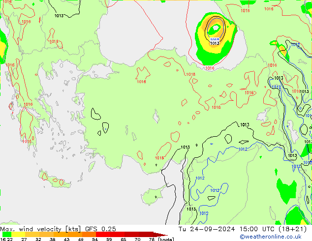 Max. wind velocity GFS 0.25 Út 24.09.2024 15 UTC