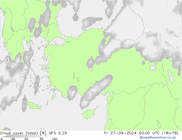 Cloud cover (total) GFS 0.25 Fr 27.09.2024 00 UTC