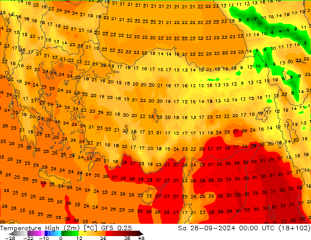 Темпер. макс 2т GFS 0.25 сб 28.09.2024 00 UTC