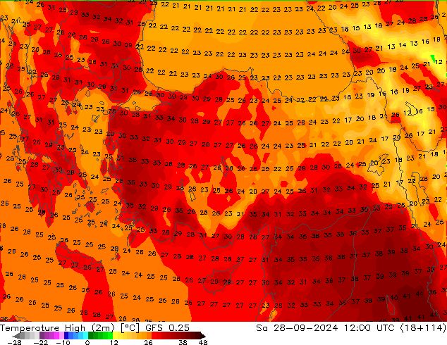 Max.temperatuur (2m) GFS 0.25 za 28.09.2024 12 UTC