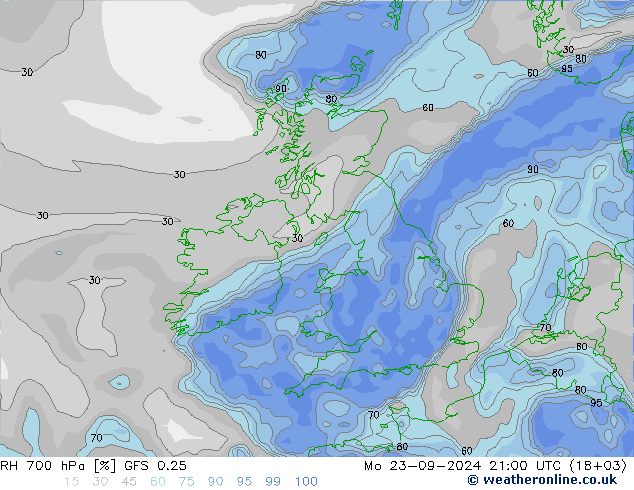 RH 700 hPa GFS 0.25 Po 23.09.2024 21 UTC