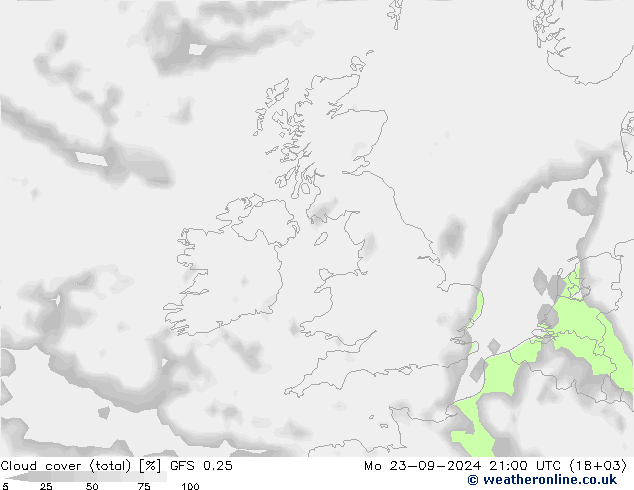 Cloud cover (total) GFS 0.25 Mo 23.09.2024 21 UTC