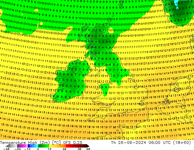 temperatura máx. (2m) GFS 0.25 Qui 26.09.2024 06 UTC