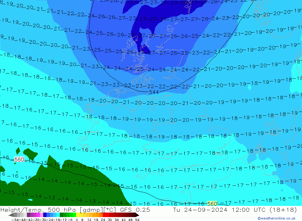 Z500/Rain (+SLP)/Z850 GFS 0.25  24.09.2024 12 UTC