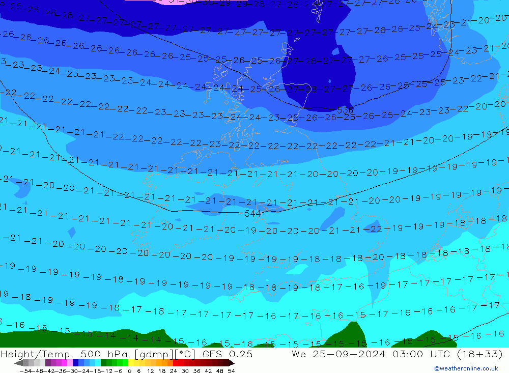 Z500/Rain (+SLP)/Z850 GFS 0.25 śro. 25.09.2024 03 UTC