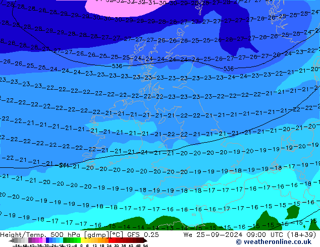 Z500/Rain (+SLP)/Z850 GFS 0.25 St 25.09.2024 09 UTC