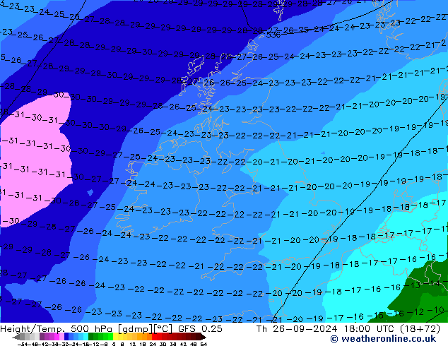 Z500/Rain (+SLP)/Z850 GFS 0.25 jeu 26.09.2024 18 UTC