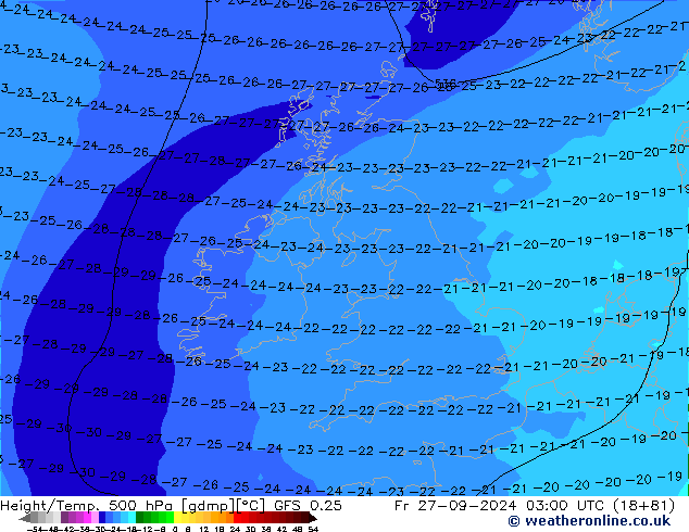 Z500/Rain (+SLP)/Z850 GFS 0.25 ven 27.09.2024 03 UTC