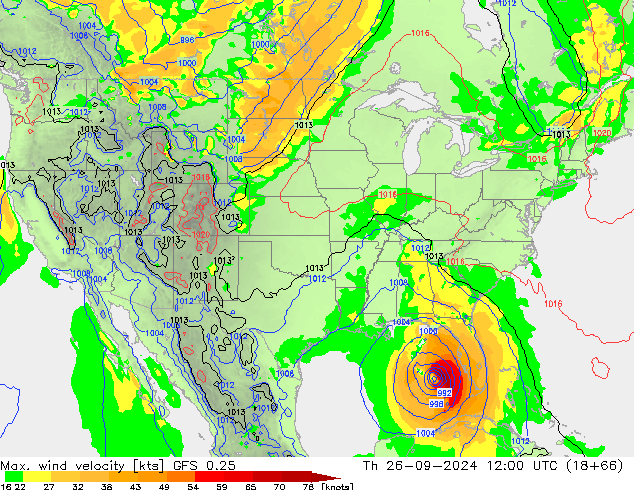 Max. wind velocity GFS 0.25 czw. 26.09.2024 12 UTC