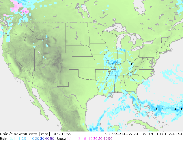 Rain/Snowfall rate GFS 0.25 Вс 29.09.2024 18 UTC