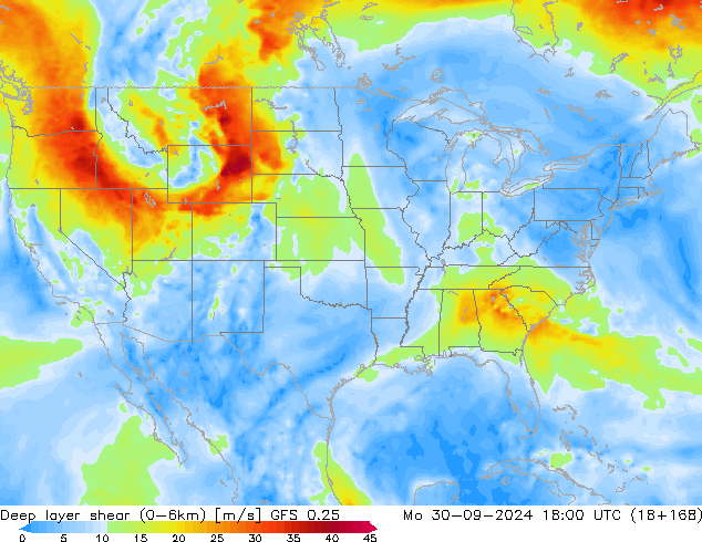 Deep layer shear (0-6km) GFS 0.25  30.09.2024 18 UTC