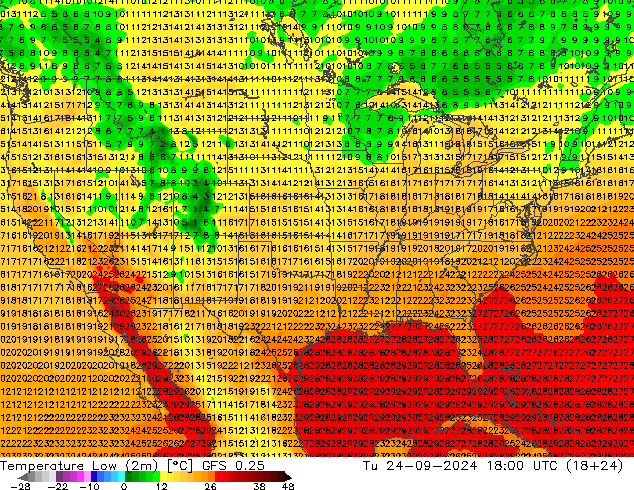 Nejnižší teplota (2m) GFS 0.25 Út 24.09.2024 18 UTC