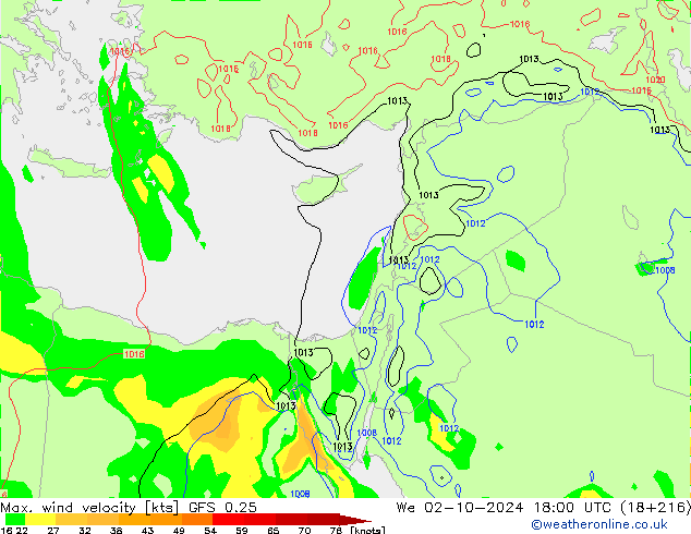 Max. wind snelheid GFS 0.25 wo 02.10.2024 18 UTC