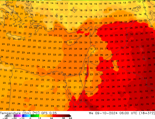 mapa temperatury (2m) GFS 0.25 śro. 09.10.2024 06 UTC