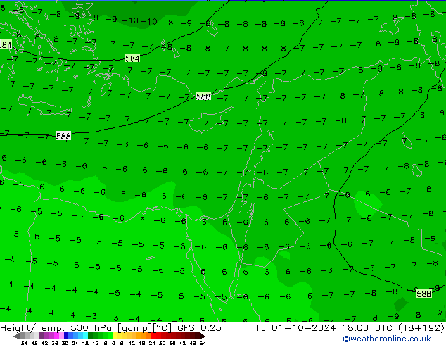 Z500/Rain (+SLP)/Z850 GFS 0.25 Tu 01.10.2024 18 UTC