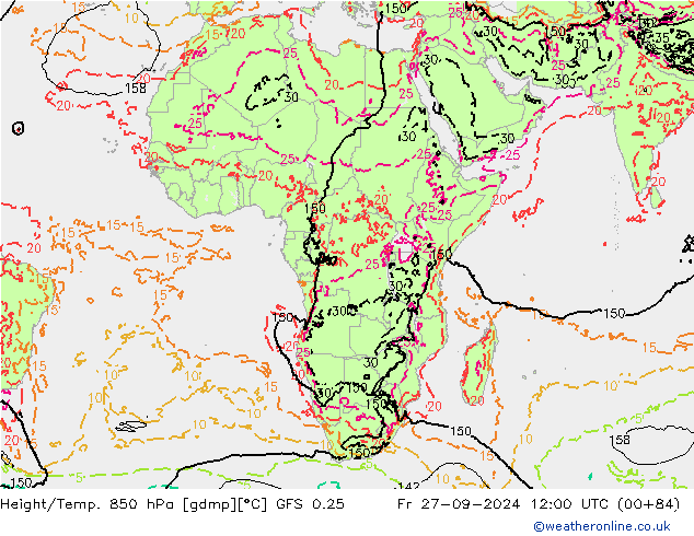 Z500/Rain (+SLP)/Z850 GFS 0.25 ven 27.09.2024 12 UTC