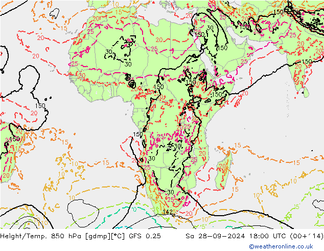 Height/Temp. 850 hPa GFS 0.25 Sa 28.09.2024 18 UTC