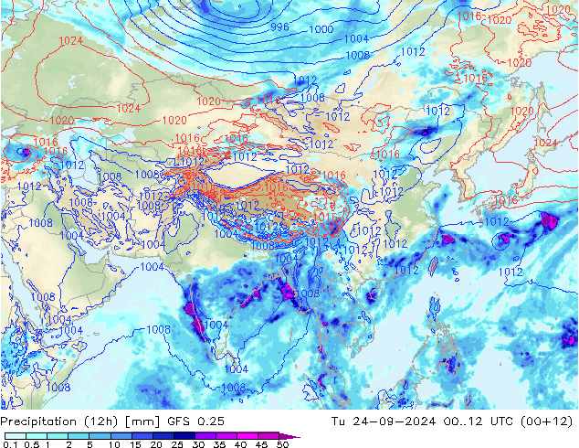 Precipitation (12h) GFS 0.25 Út 24.09.2024 12 UTC