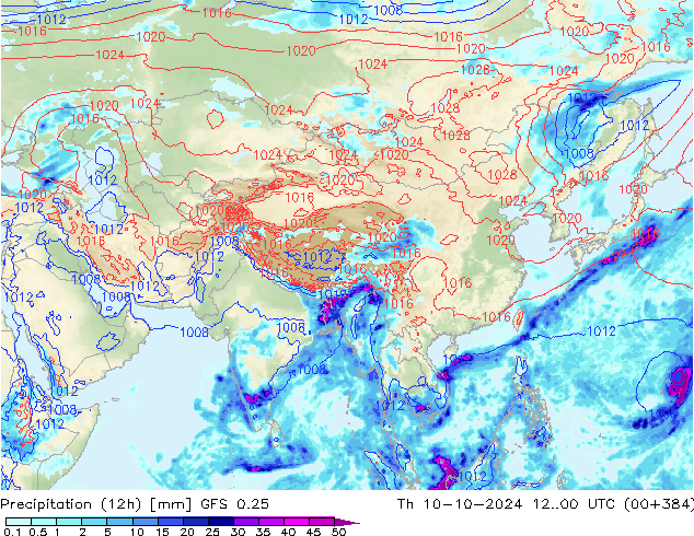 Precipitation (12h) GFS 0.25 Th 10.10.2024 00 UTC