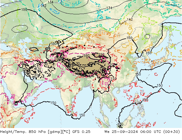 Z500/Rain (+SLP)/Z850 GFS 0.25 St 25.09.2024 06 UTC