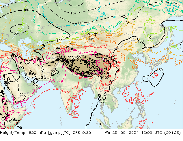 Z500/Rain (+SLP)/Z850 GFS 0.25 St 25.09.2024 12 UTC