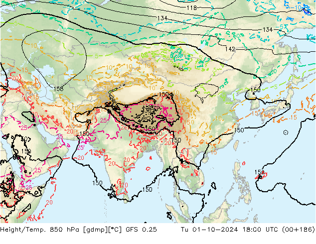 Height/Temp. 850 hPa GFS 0.25 Tu 01.10.2024 18 UTC