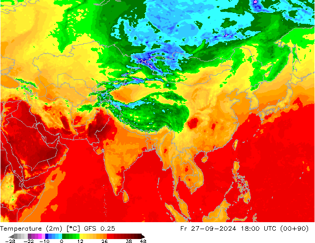 température (2m) GFS 0.25 ven 27.09.2024 18 UTC