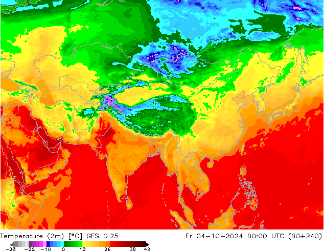 température (2m) GFS 0.25 ven 04.10.2024 00 UTC