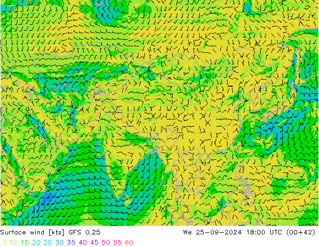 Vento 10 m GFS 0.25 Qua 25.09.2024 18 UTC