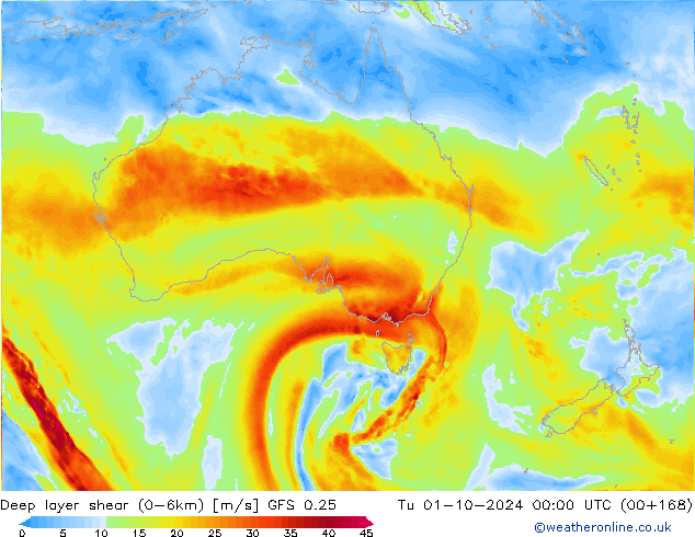 Deep layer shear (0-6km) GFS 0.25 di 01.10.2024 00 UTC