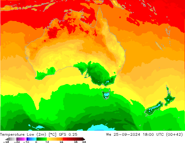 Temp. minima (2m) GFS 0.25 mer 25.09.2024 18 UTC