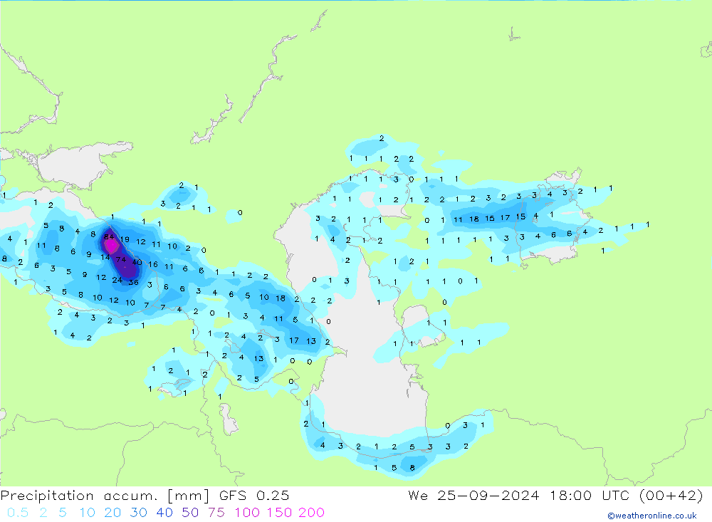 Precipitation accum. GFS 0.25 mer 25.09.2024 18 UTC