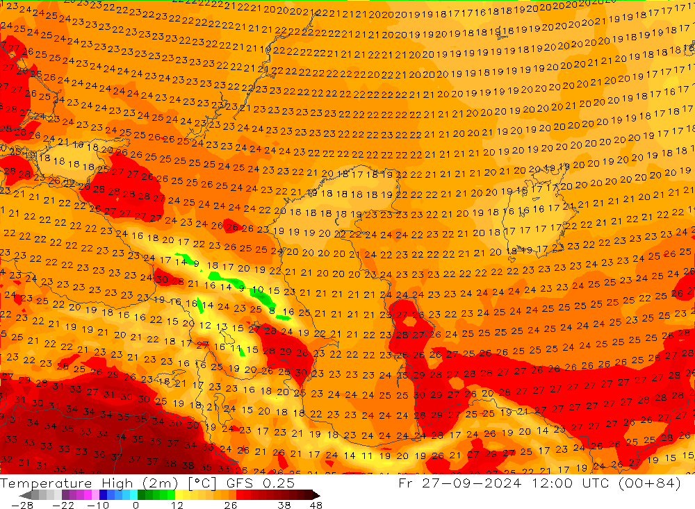 Temperature High (2m) GFS 0.25 Fr 27.09.2024 12 UTC