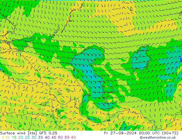 Vent 10 m GFS 0.25 ven 27.09.2024 00 UTC