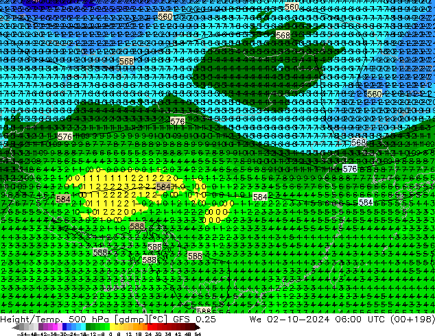 Z500/Rain (+SLP)/Z850 GFS 0.25 星期三 02.10.2024 06 UTC