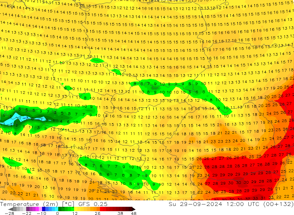 Temperatura (2m) GFS 0.25 dom 29.09.2024 12 UTC