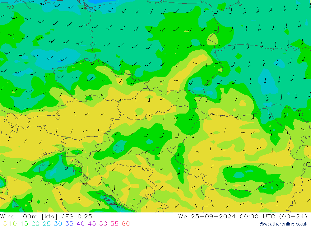 Vent 100m GFS 0.25 mer 25.09.2024 00 UTC