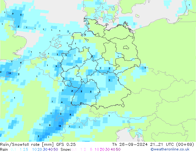 Rain/Snowfall rate GFS 0.25 czw. 26.09.2024 21 UTC