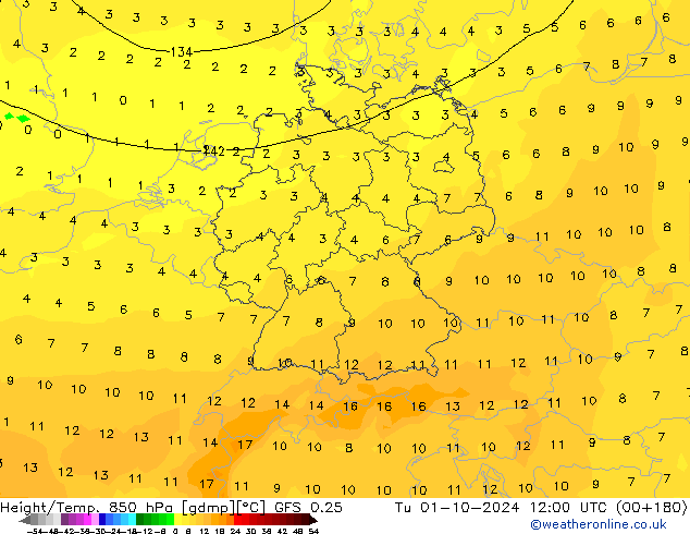 Z500/Rain (+SLP)/Z850 GFS 0.25 Tu 01.10.2024 12 UTC