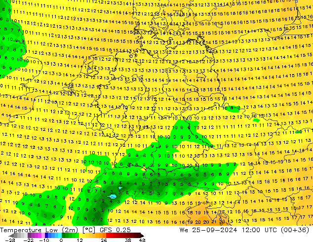 Temperature Low (2m) GFS 0.25 We 25.09.2024 12 UTC