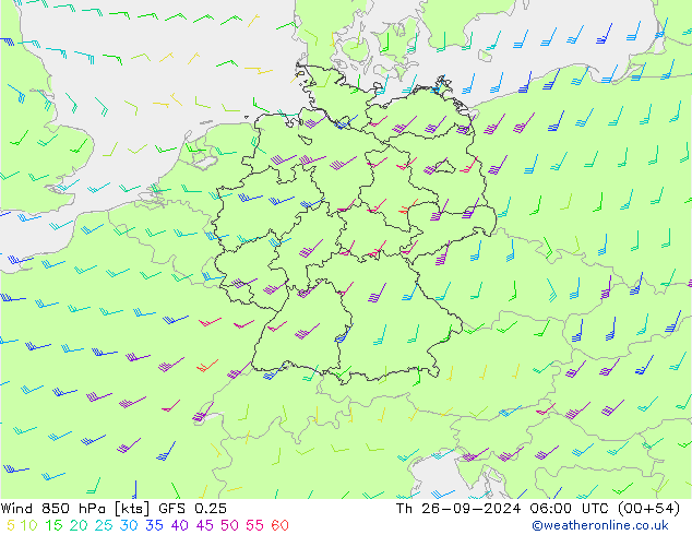 Wind 850 hPa GFS 0.25 Th 26.09.2024 06 UTC