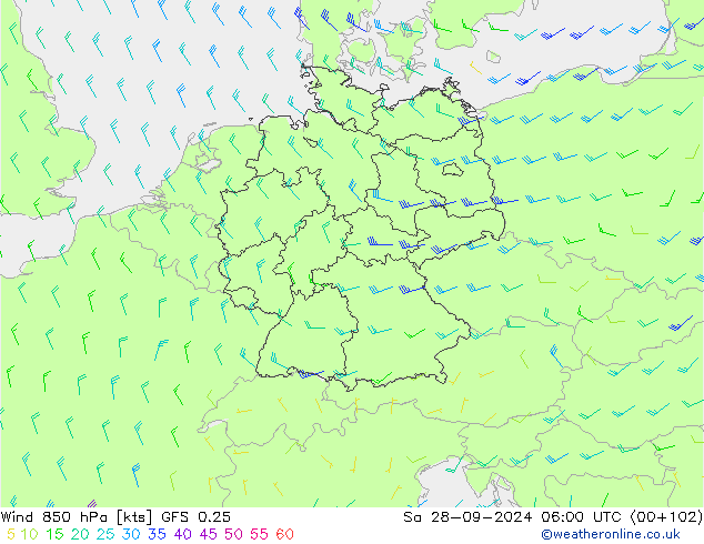 Wind 850 hPa GFS 0.25 Sa 28.09.2024 06 UTC