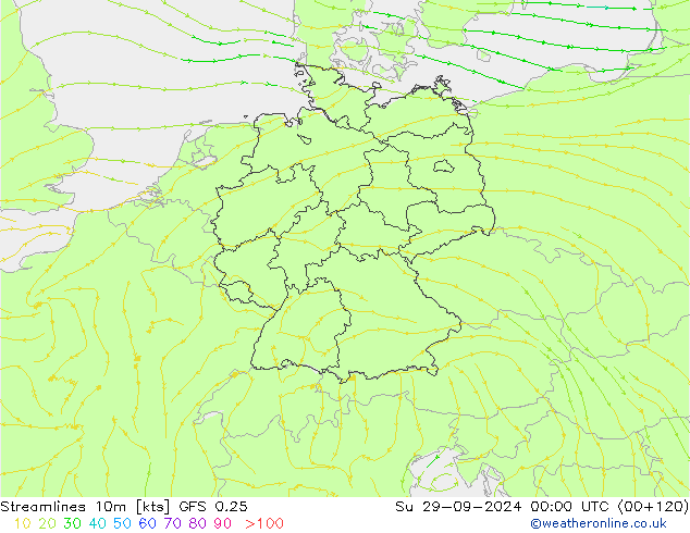 Linea di flusso 10m GFS 0.25 dom 29.09.2024 00 UTC